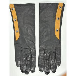 VTG  Womens GRANDOE 11" Leather Gloves Silk Lined Black w/ Tan Button Accent 7.5